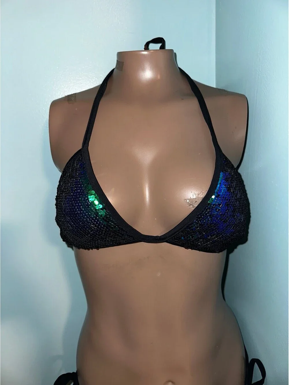 Women's Black Sequin Halter Bikini Swimsuit Size L